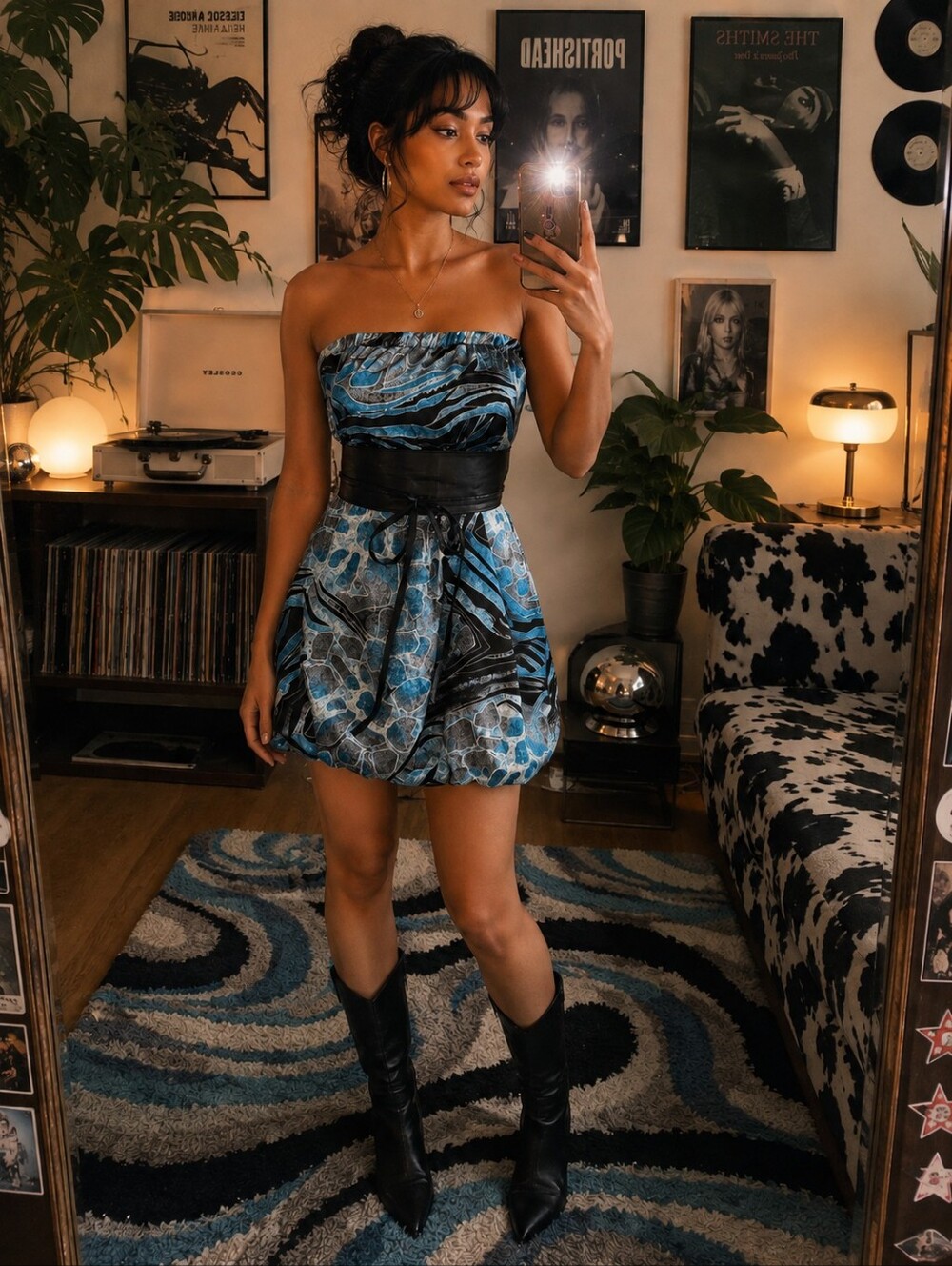 Y2K Retro Body Central Black Blue Bubble Dress Mini Strapless Size Small Indie
